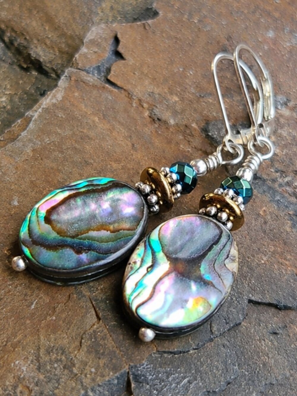 Abalone Earrings With Sterling Silver Leverback Earwires - Picture 6 of 11